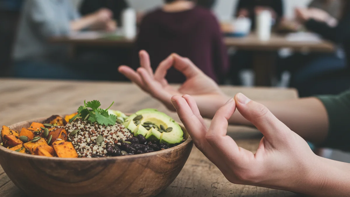 Imatge conceptual que representa la calma i l'equilibri, amb elements de ioga i nutrició en un entorn comunitari.