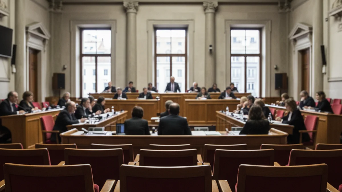 Imatge genèrica d'una sala de plens municipal amb les cadires buides o figures borroses de regidors.
