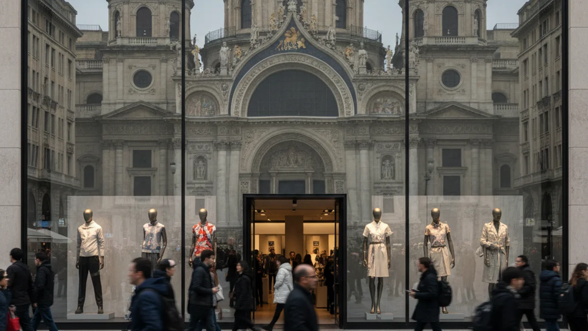 Façana d'una gran botiga de moda en una plaça cèntrica de Barcelona, amb figures borroses de vianants.
