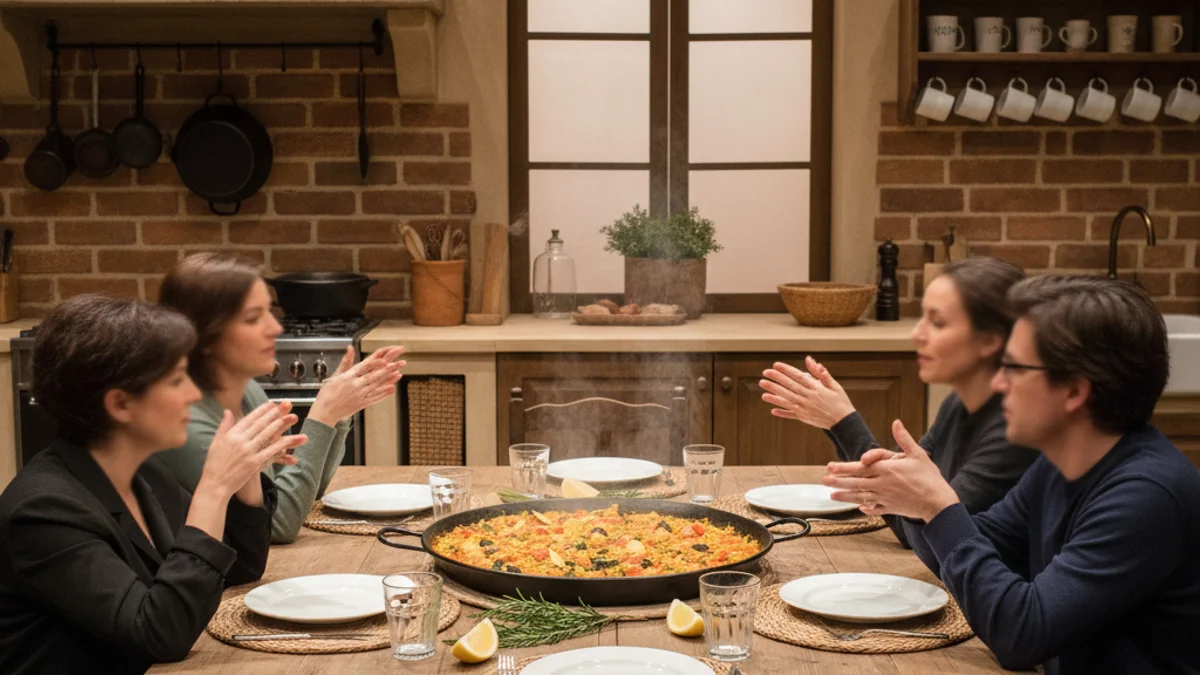 Escena teatral amb tres actors en un ambient domèstic, amb una paella al centre de la taula.