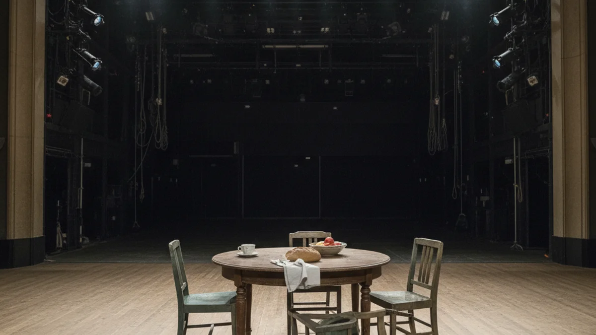 Escenari d'un teatre amb una il·luminació suau, preparat per a una comèdia domèstica.