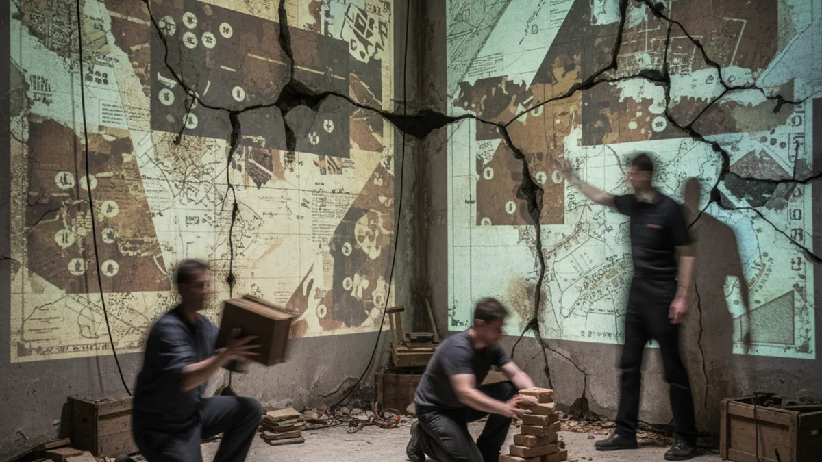Theatrical performance featuring projections and actors on a stage simulating a basement.