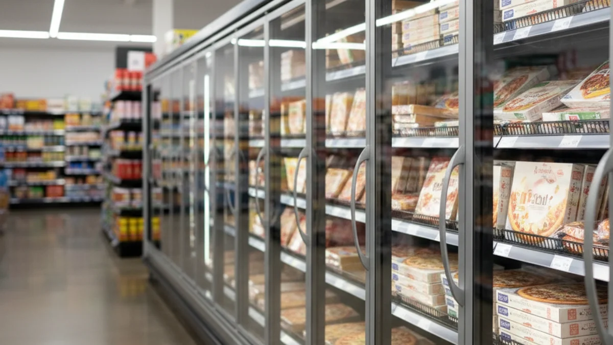 Imatge genèrica d'una secció de pizzes precuinades en un supermercat, amb els productes refrigerats o congelats.