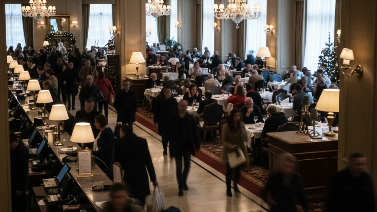 Imatge genèrica d'un vestíbul d'hotel amb moviment durant un període festiu d'alta ocupació.