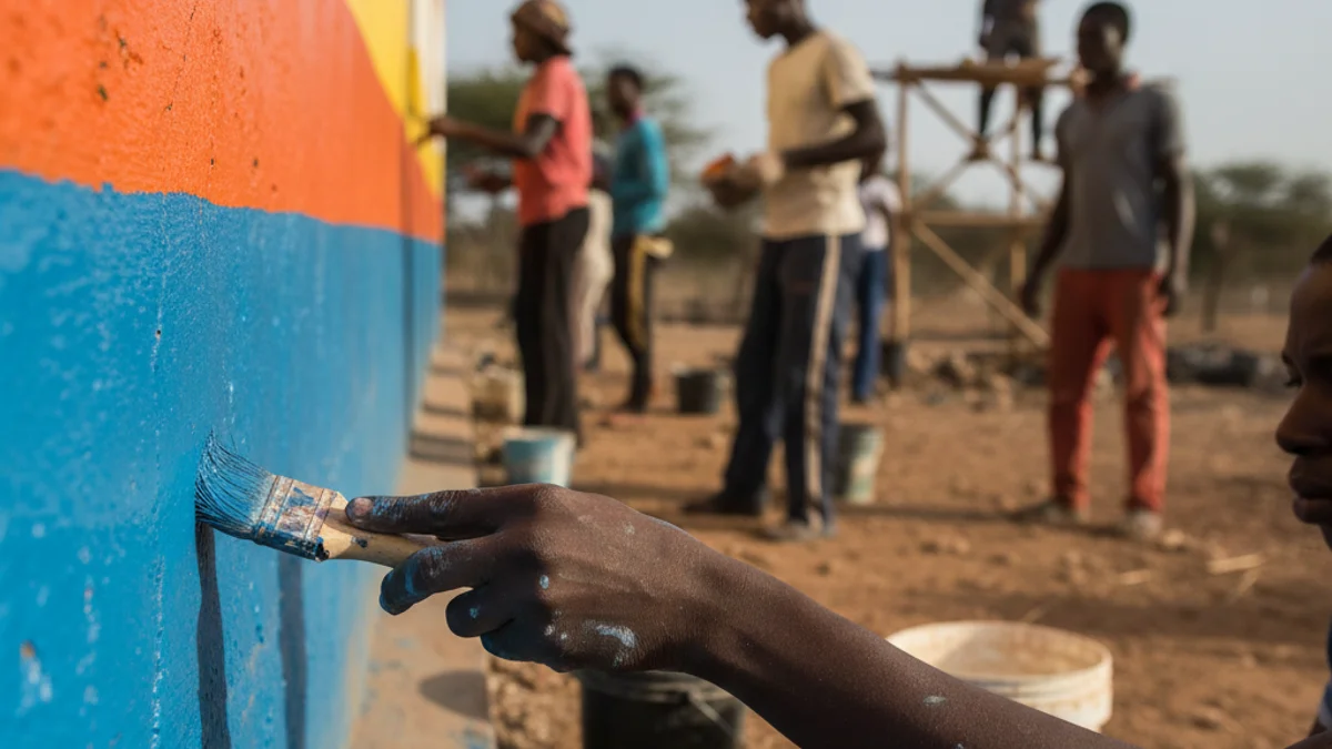 Voluntaris treballant en la millora d'una escola rural a l'Àfrica, centrant-se en la infraestructura educativa i l'aprenentatge.