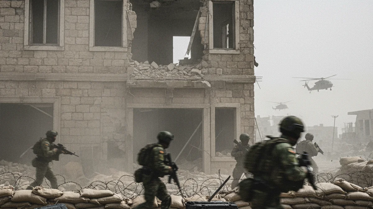 Imatge genèrica que representa l'escena d'un enfrontament militar en una zona urbana, amb fum i forces de seguretat.