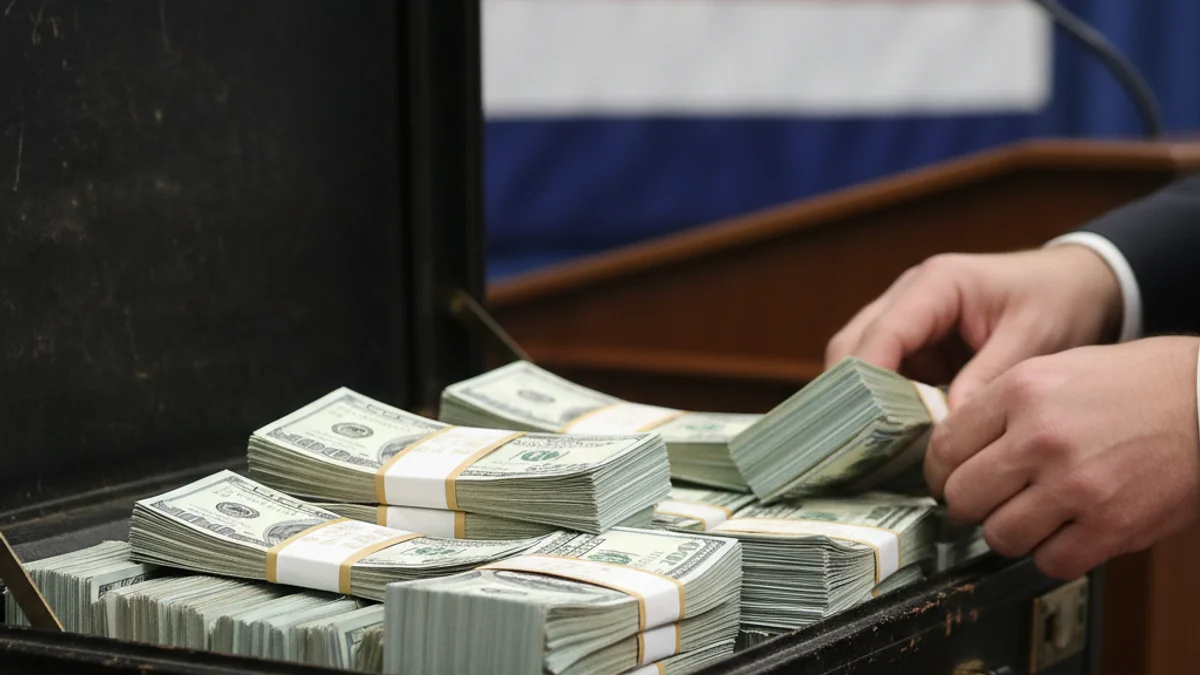 Il·lustració conceptual d'una gran quantitat de diners o una recompensa, amb un fons polític difús.