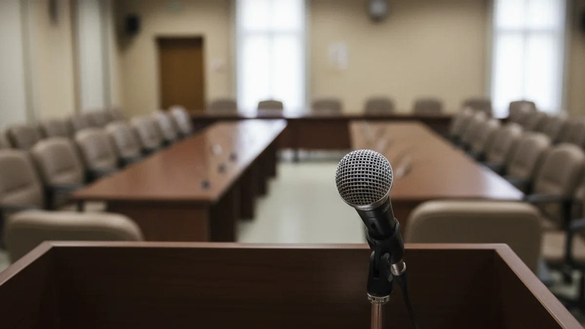 Imatge genèrica d'una sala de plens municipal buida, amb un micròfon sobre un faristol de fusta.