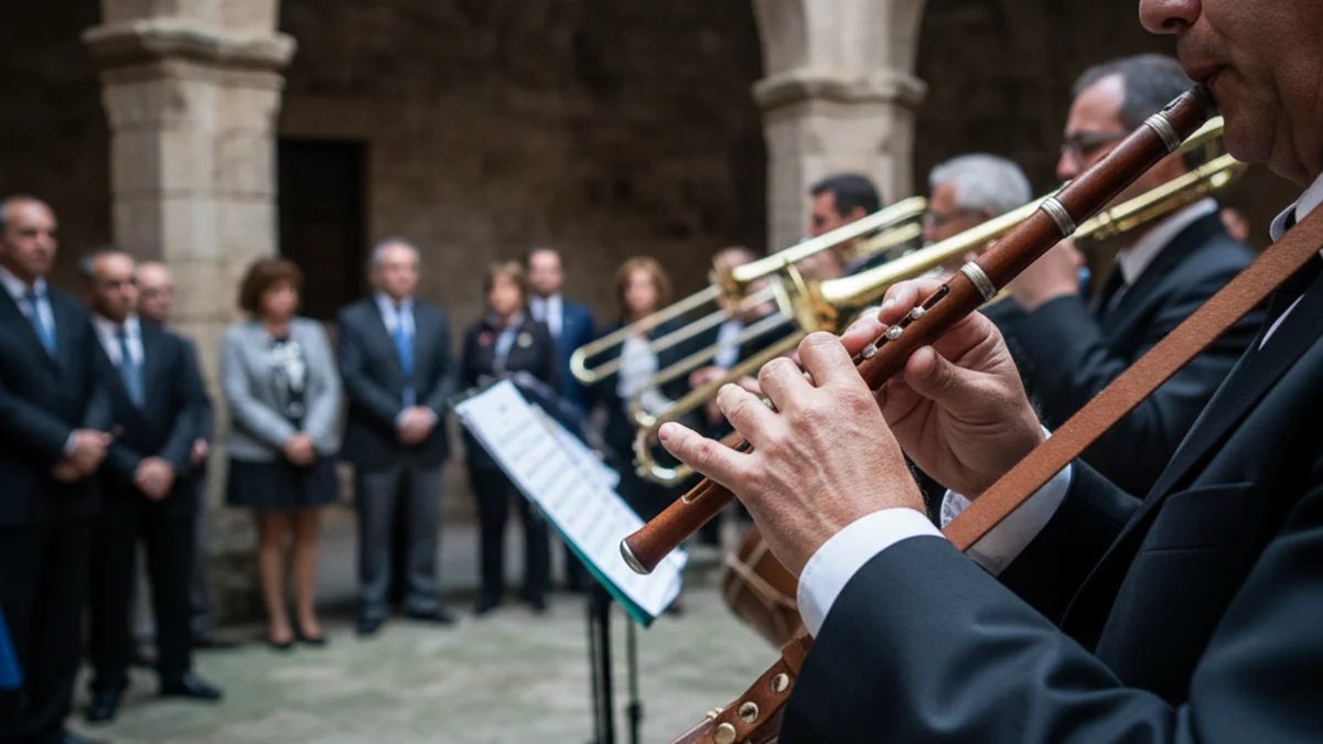 Imatge genèrica d'una cobla catalana tocant instruments tradicionals en un pati històric.