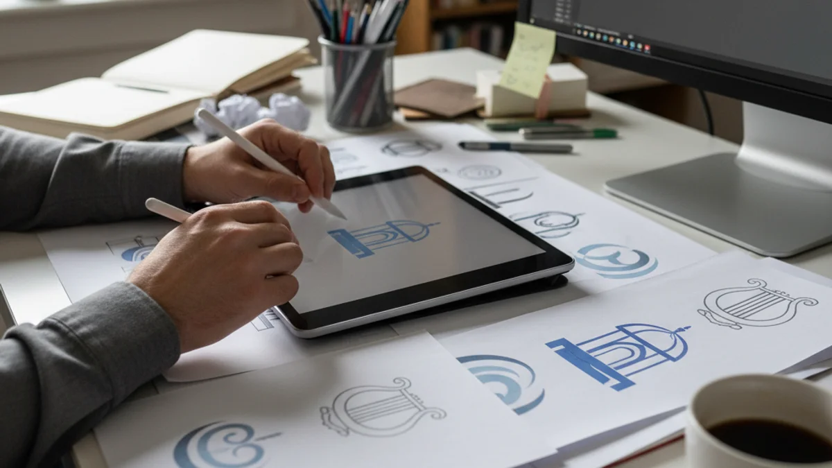 Representació abstracta d'un logotip modernitzat o un escut coral amb elements clàssics.