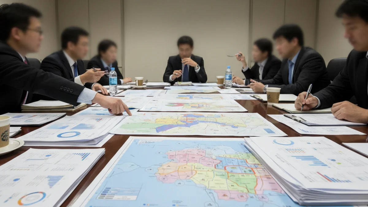 Representació genèrica d'una reunió de planificació econòmica amb mapes i documents sobre la taula.