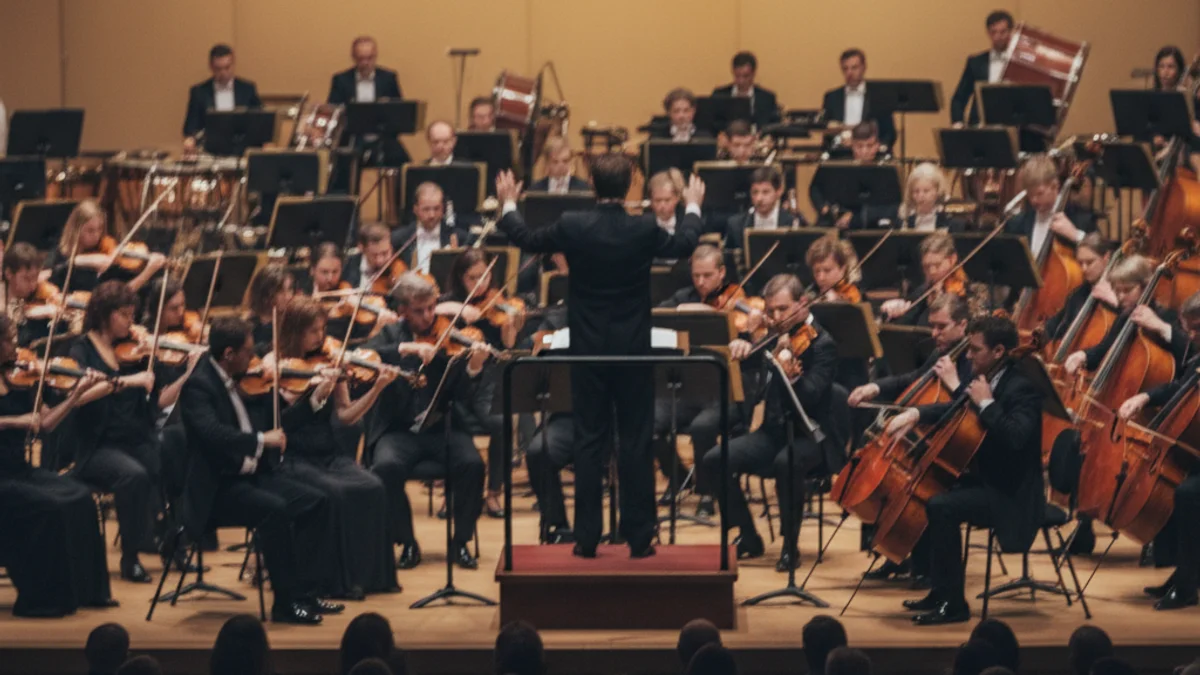 Imatge genèrica d'una orquestra simfònica tocant en un auditori amb instruments de corda i vent.