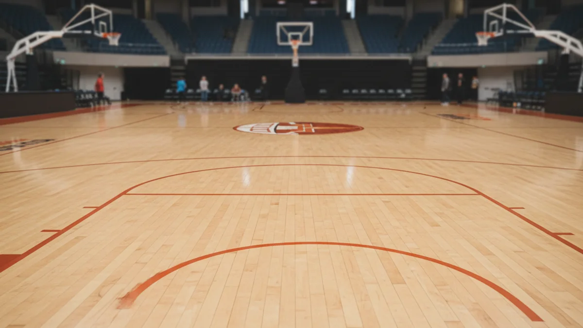 Vista genèrica d'una pista de bàsquet buida o amb aficionats borrosos durant un partit important.