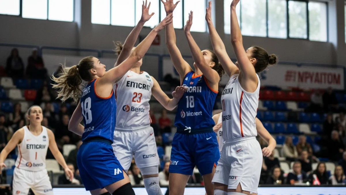 Imatge genèrica d'un partit de bàsquet femení, amb jugadores en acció i la cistella al fons.
