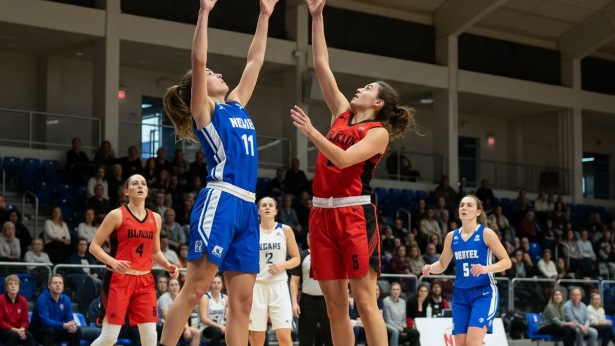 Imatge genèrica d'un partit de bàsquet femení, amb jugadores en acció prop de la cistella.