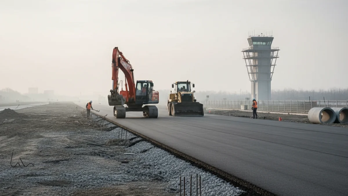Vista genèrica d'una pista d'aeroport amb maquinària de construcció en un dia ennuvolat.
