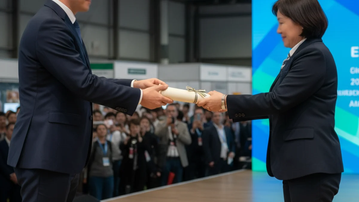 Representants institucionals recollint un premi o distintiu en un estand de fira de turisme internacional.