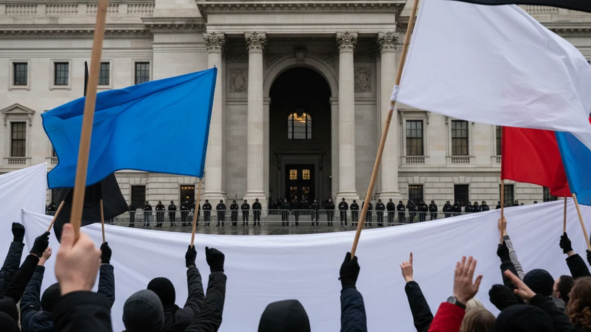 Manifestants sostenint pancartes davant d'un edifici consular, amb figures borroses en primer pla.