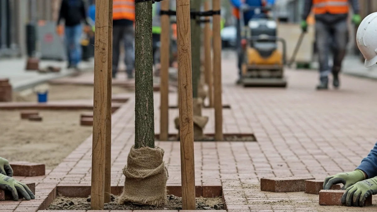 Imatge genèrica d'obres de reurbanització en un carrer cèntric, amb operaris treballant i material de construcció.