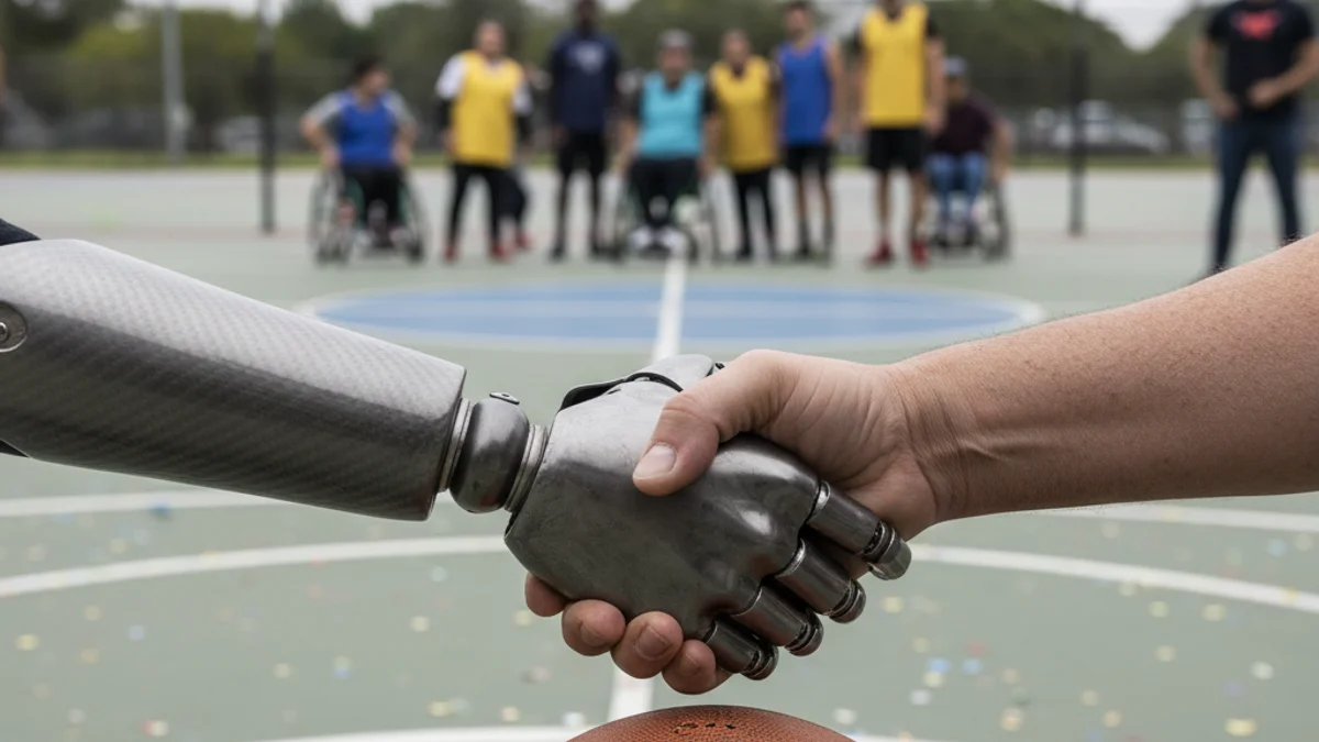 Imatge genèrica d'un partit de bàsquet inclusiu, amb figures borroses interactuant a la pista.