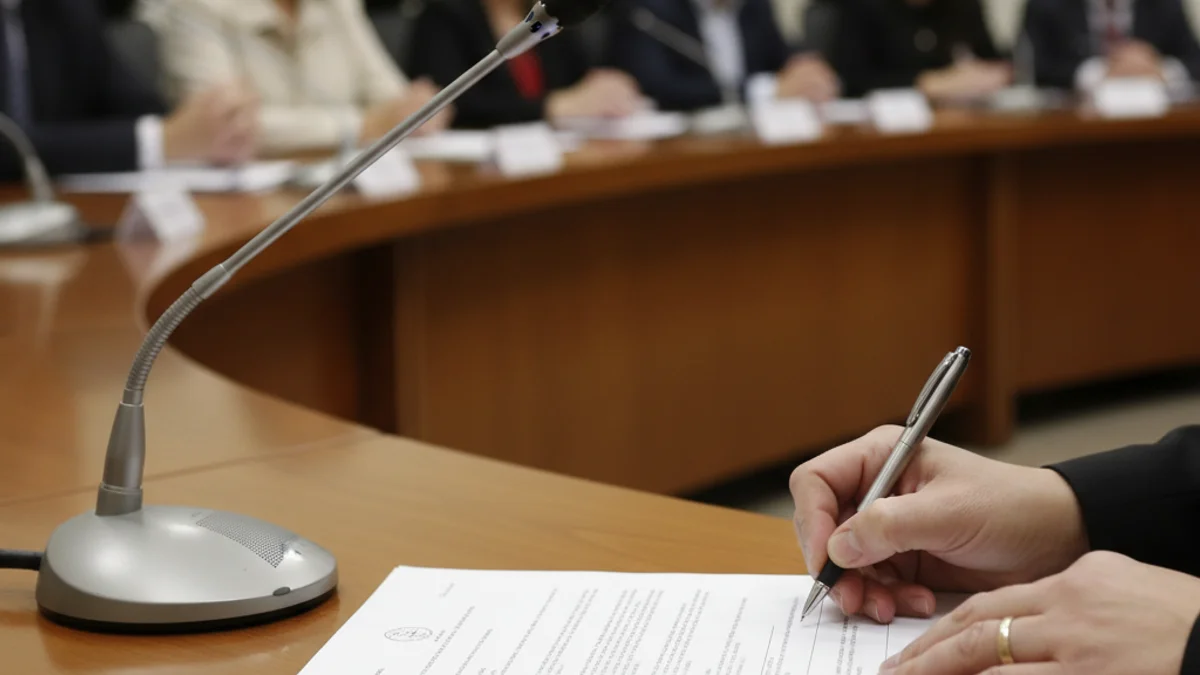 Imatge genèrica d'un ple municipal amb una persona signant un document en una taula presidencial.