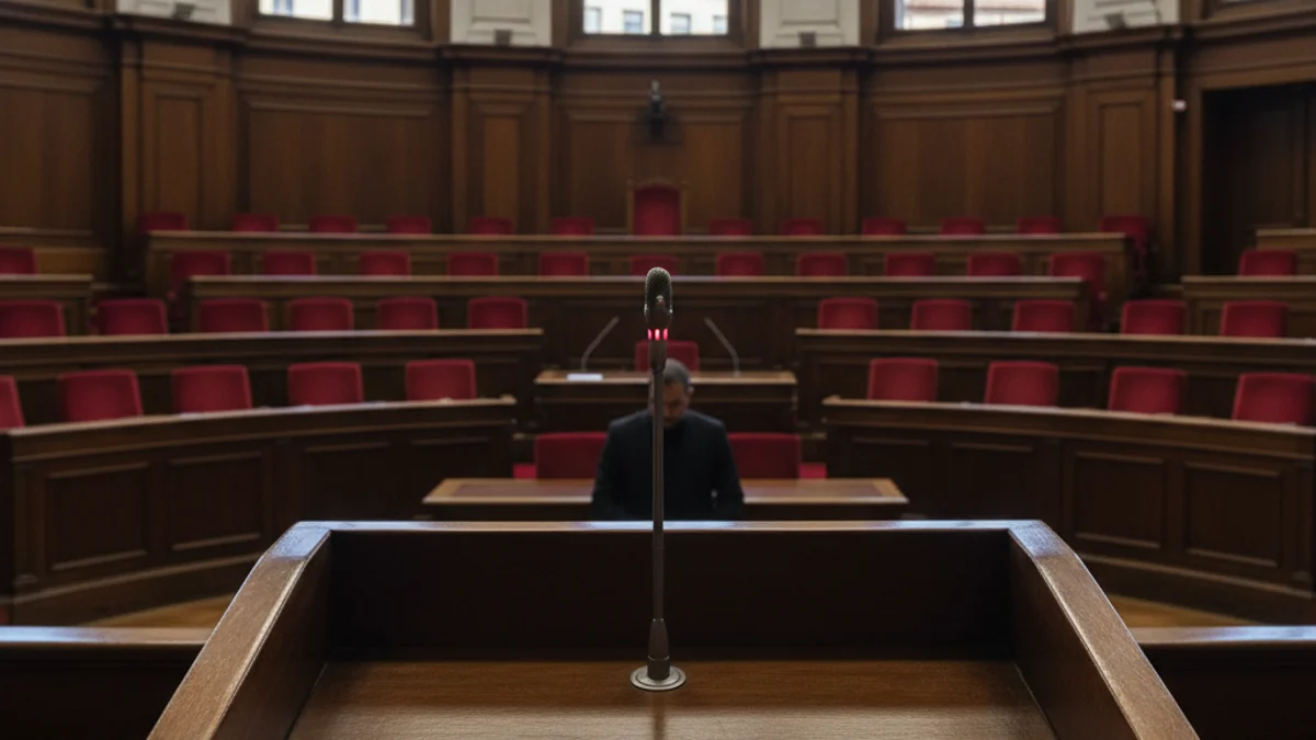 Una silueta d'una persona parlant des d'un faristol en un saló de plens municipal buit.