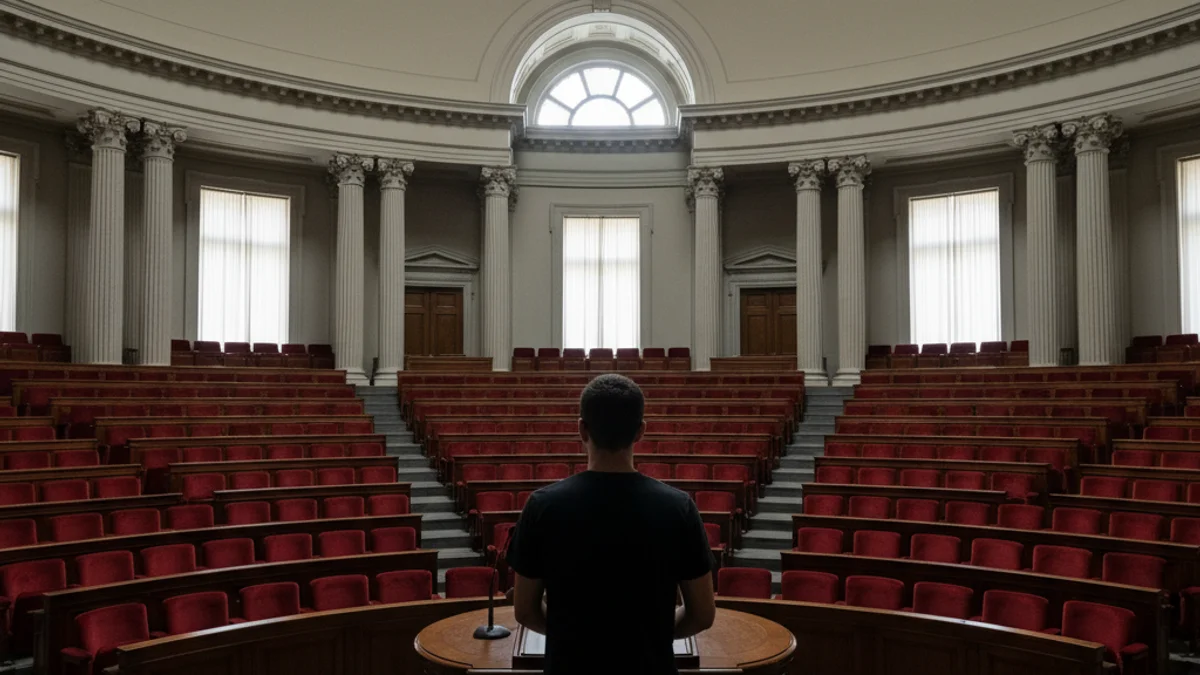 Una silueta d'un polític jove parlant des d'un faristol en un ple municipal buit.