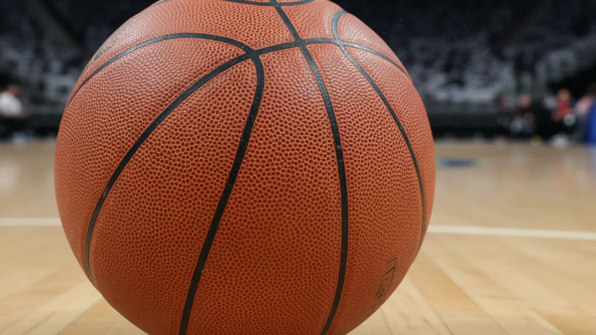 Una pilota de bàsquet en una pista professional, simbolitzant la competició i l'esforç de l'equip.