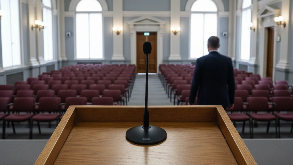 Una silueta d'una persona parlant en un faristol buit, simbolitzant un debat polític local.