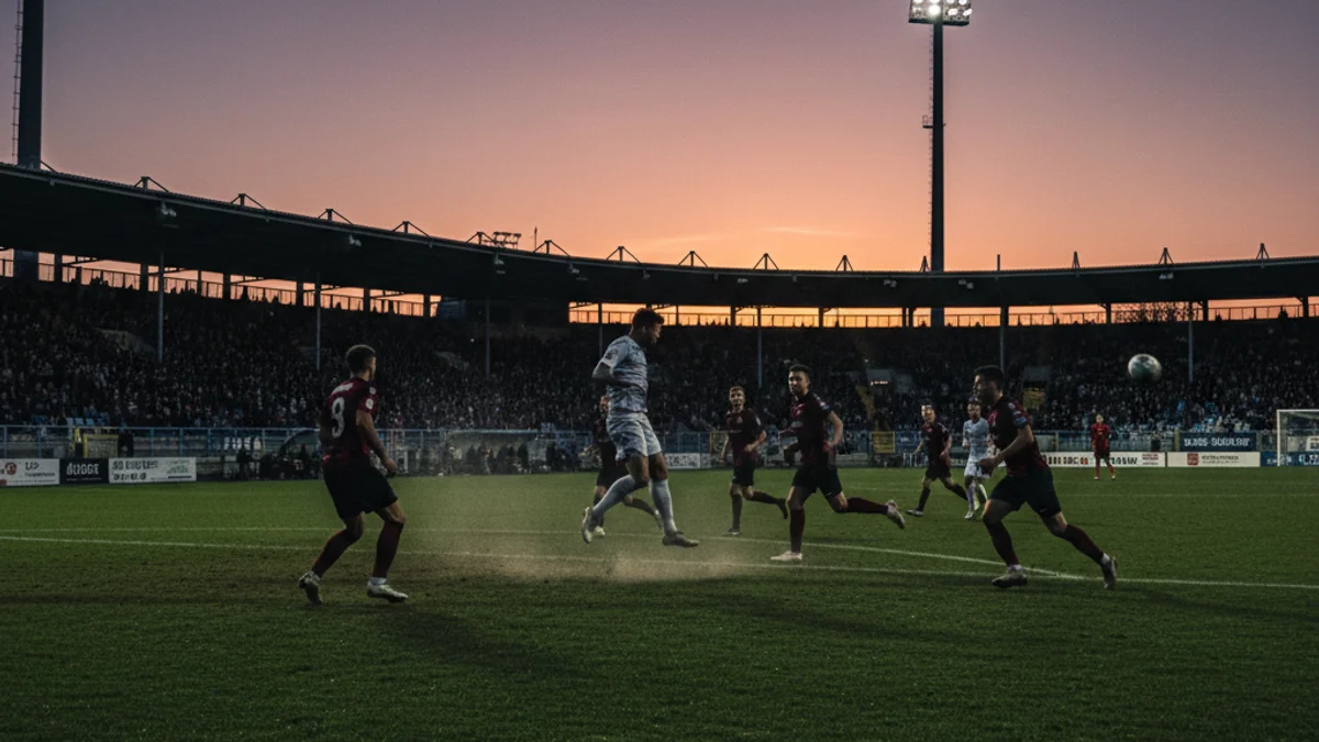 Vista genèrica d'un camp de futbol amb dos equips jugant un partit de lliga.