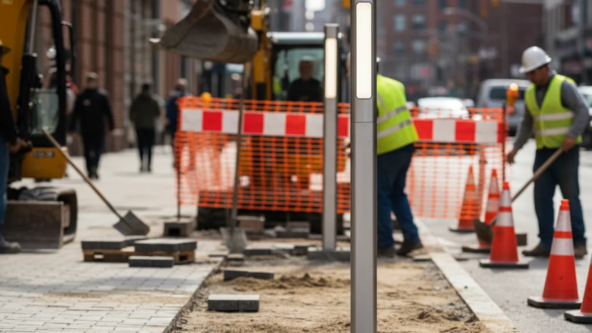 Treballs de construcció en una vorera urbana amb maquinària i senyalització de seguretat.