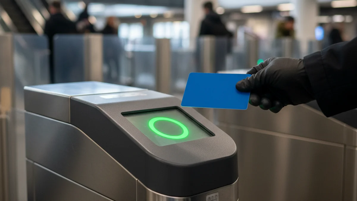 Imatge genèrica d'una mà utilitzant una nova targeta de transport sense contacte en un validador modern.