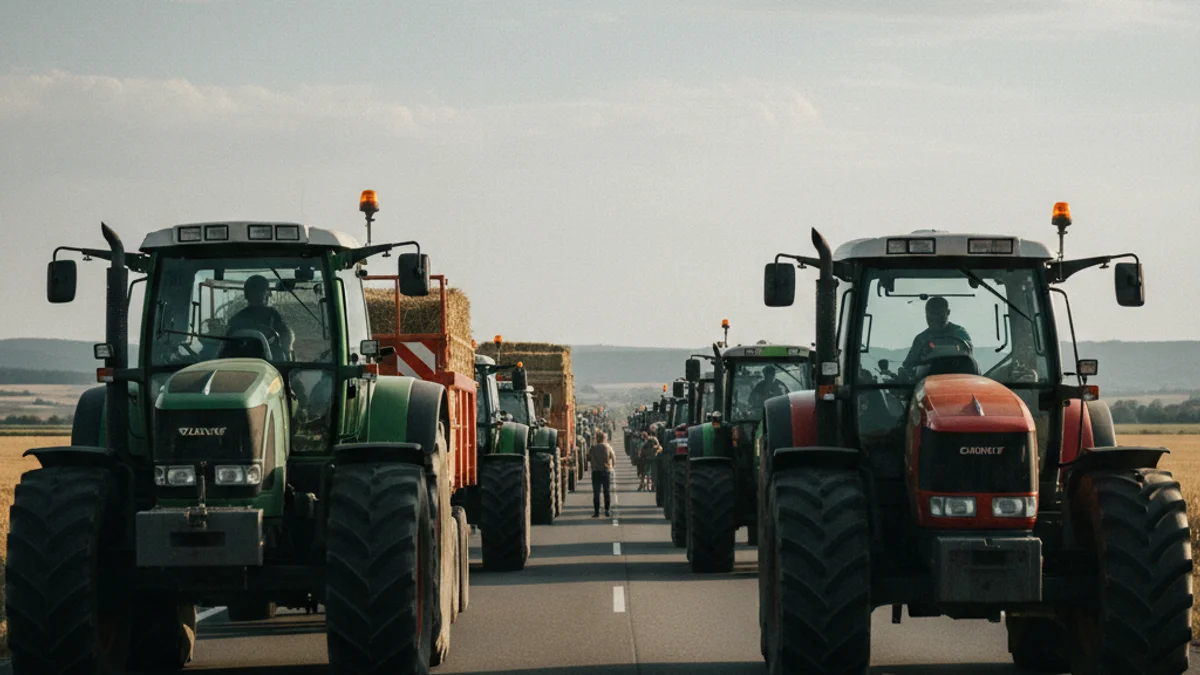 Manifestació d'agricultors amb tractors bloquejant una carretera per protestar contra un acord comercial internacional.
