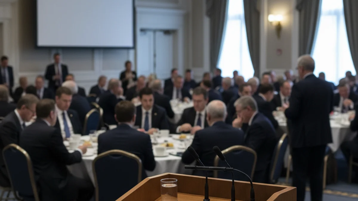 Siluetes de polítics en un esmorzar de treball, amb un faristol i micròfons en primer pla.