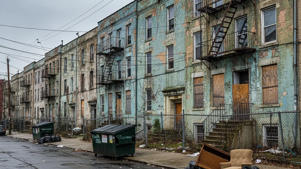 Imatge genèrica d'un barri vulnerable amb edificis d'habitatges socials i signes de degradació urbana.