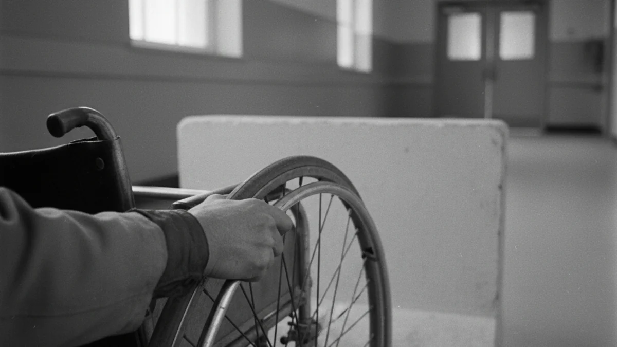 Una silueta en cadira de rodes en un entorn urbà antic, simbolitzant la manca d'accessibilitat històrica.