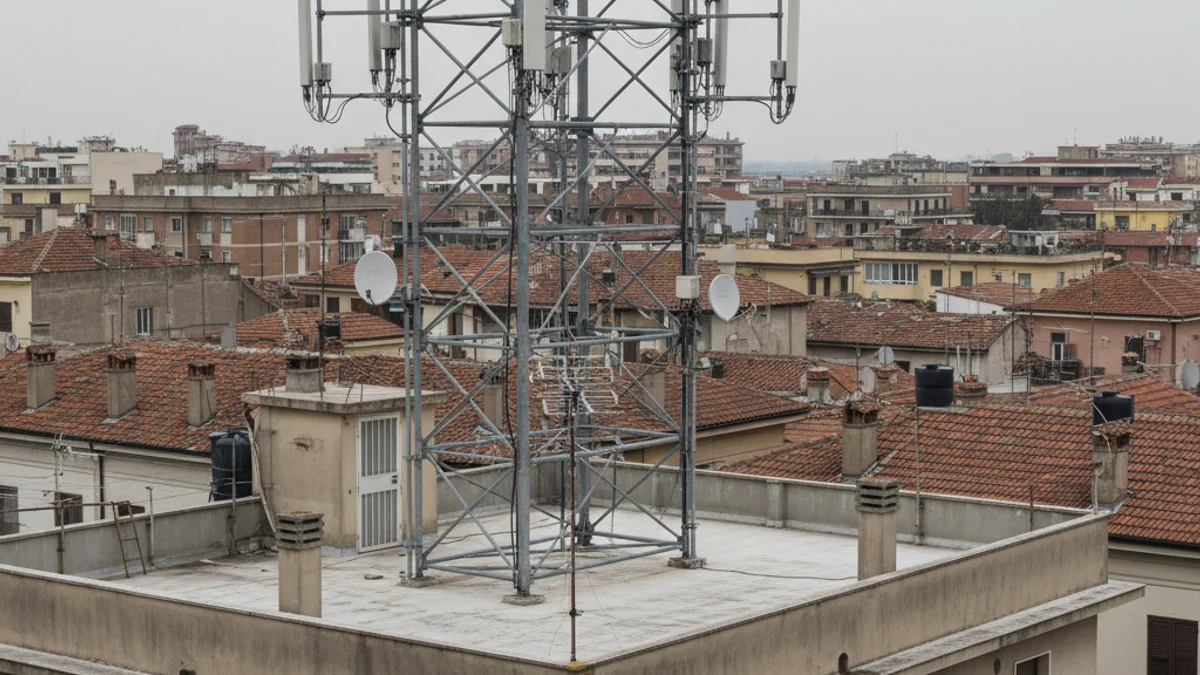 Imatge genèrica d'una antena de telefonia mòbil en un entorn urbà, possiblement sobre un edifici residencial.