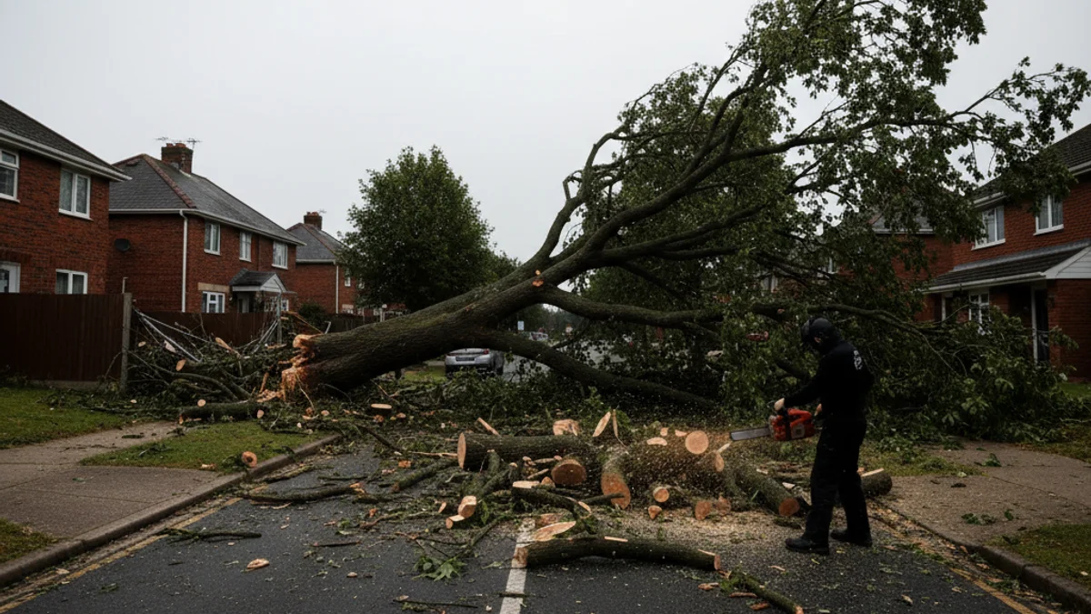 Imatge genèrica d'un equip d'emergències retirant un arbre caigut en una carretera després d'una tempesta de vent.
