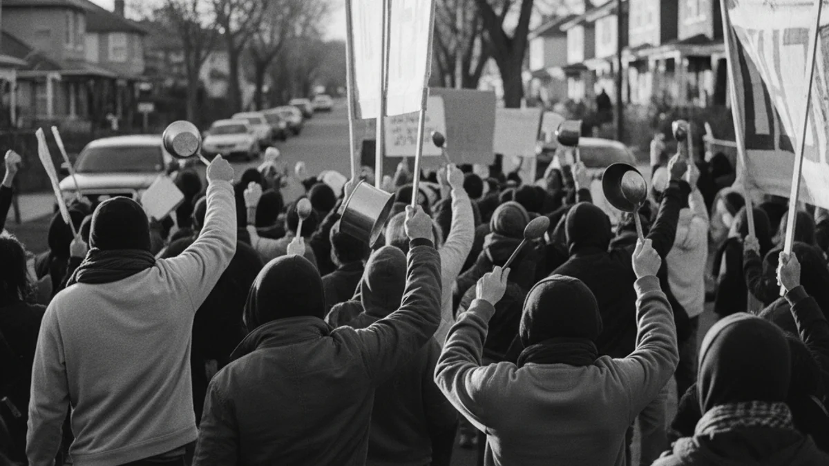 Imatge genèrica d'una manifestació veïnal amb pancartes i gent fent soroll amb cassoles i xiulets.