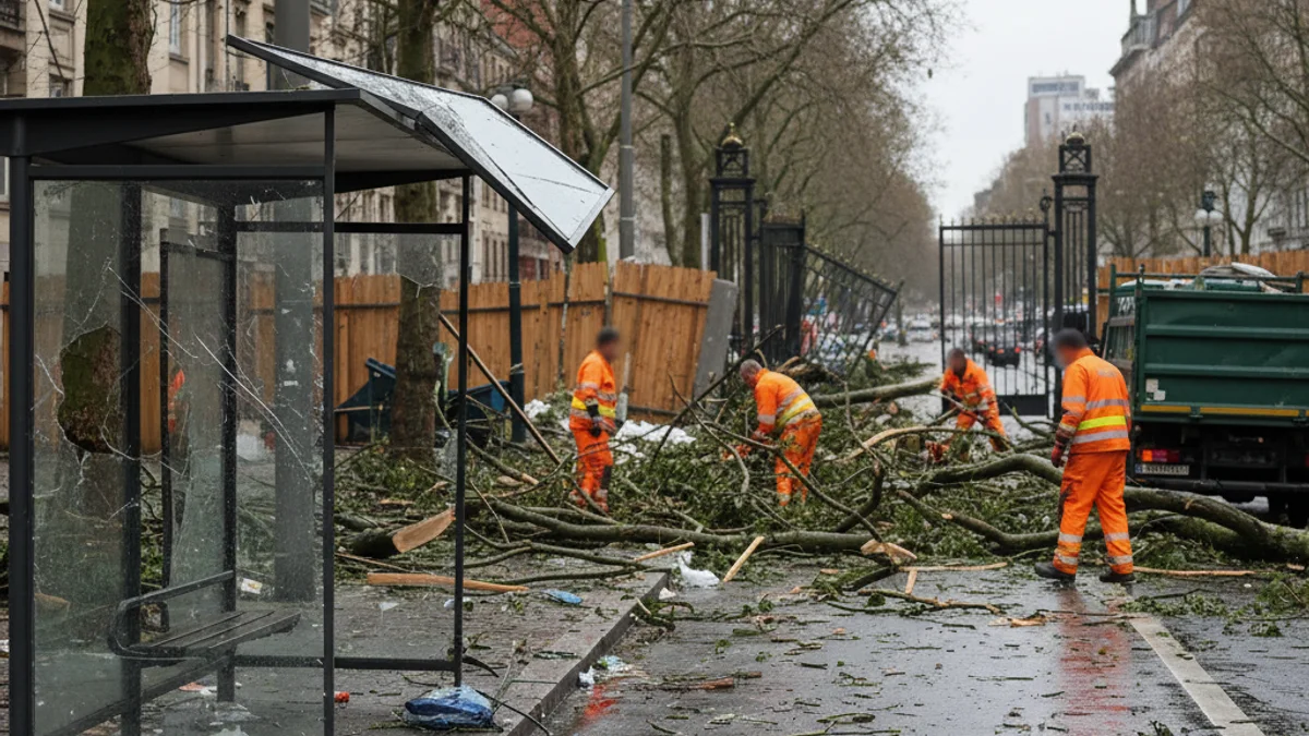 Imatge genèrica d'un carrer afectat per una tempesta de vent, amb branques caigudes i senyals danyats.