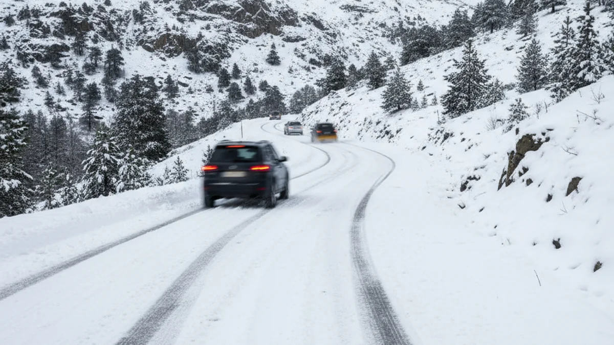 Imatge genèrica d'una carretera de muntanya amb neu i vehicles circulant amb dificultat.