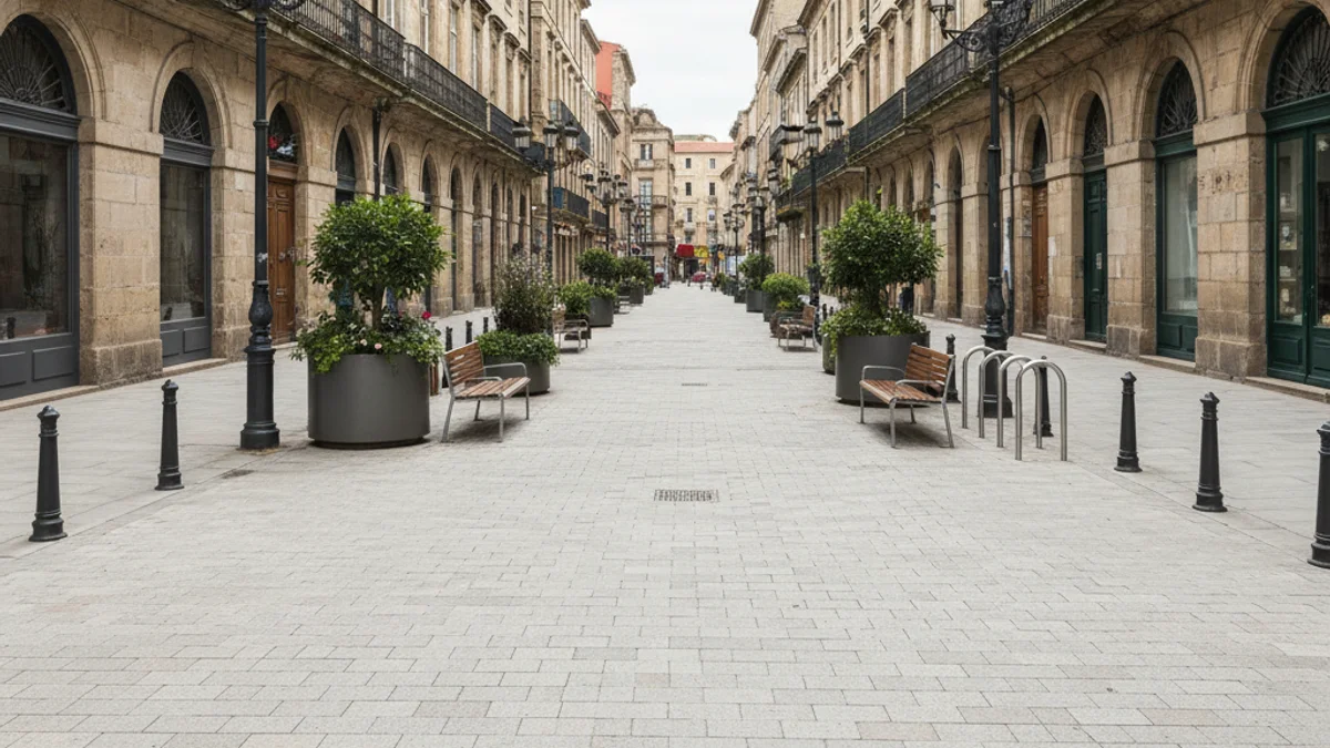 Vista d'una zona de vianants recentment reurbanitzada en un centre històric, amb gent caminant i sense trànsit rodat.
