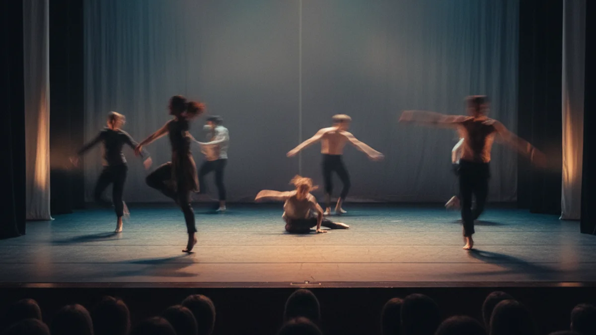 Siluetes de ballarins realitzant una coreografia en un escenari buit amb llums tènues.