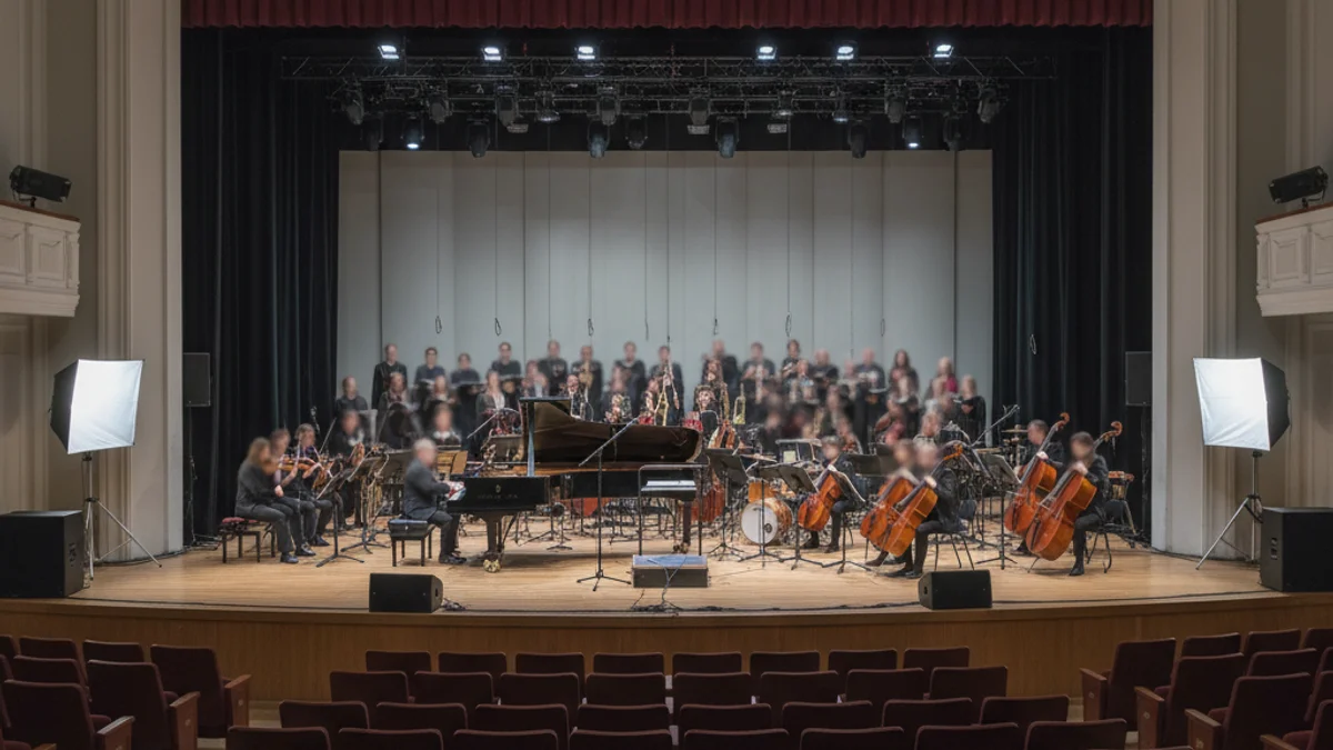 Vista d'un escenari de teatre amb músics actuant davant d'una audiència nombrosa en un concert benèfic.