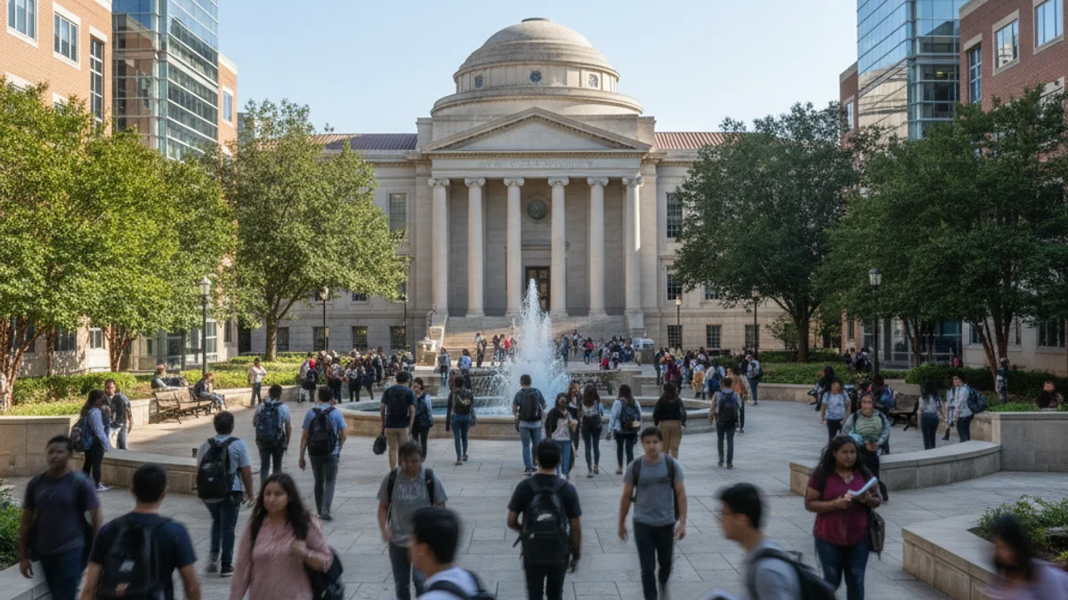 Estudiants universitaris caminant per un campus o una zona d'estudi amb edificis moderns al fons.