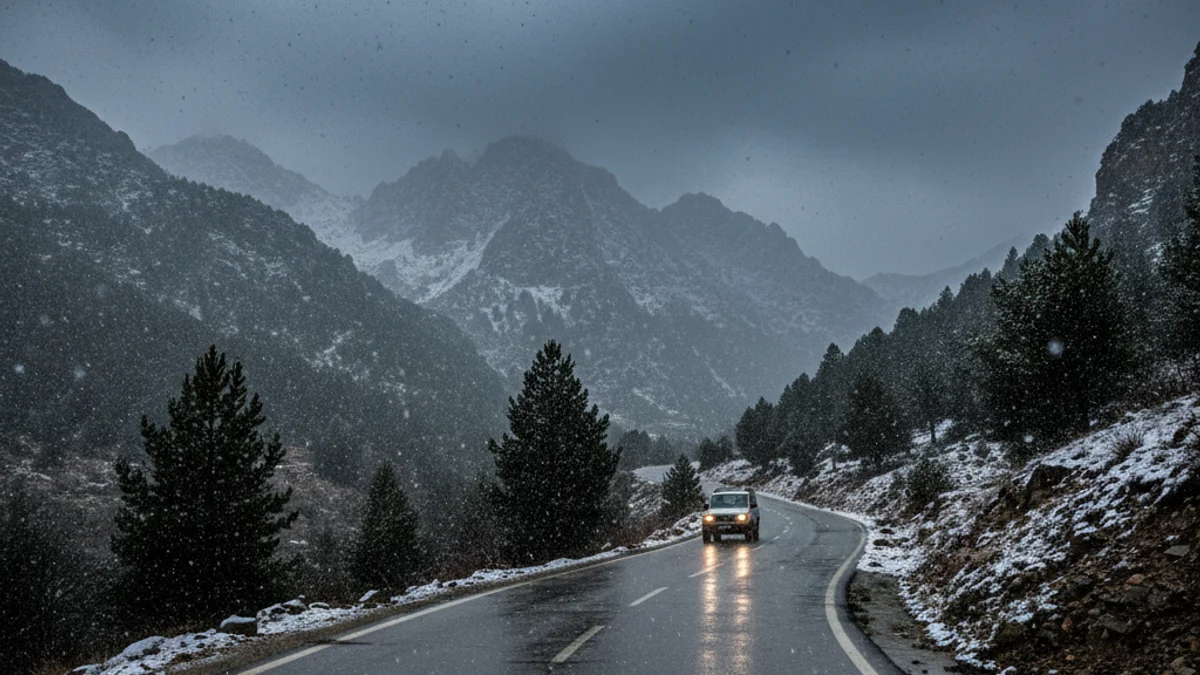 Imatge genèrica d'un paisatge de muntanya amb núvols densos i els primers flocs de neu caient.