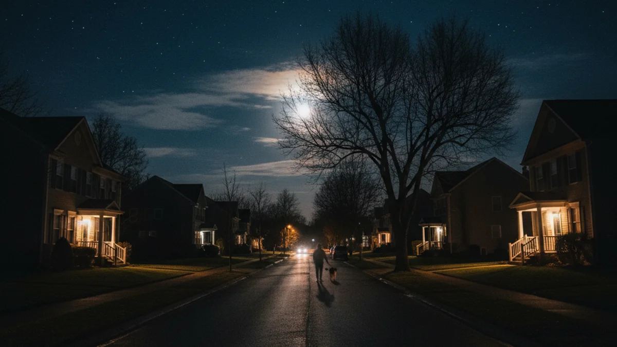 Vista nocturna d'un carrer amb l'enllumenat públic apagat, mostrant només la llum d'alguns habitatges.