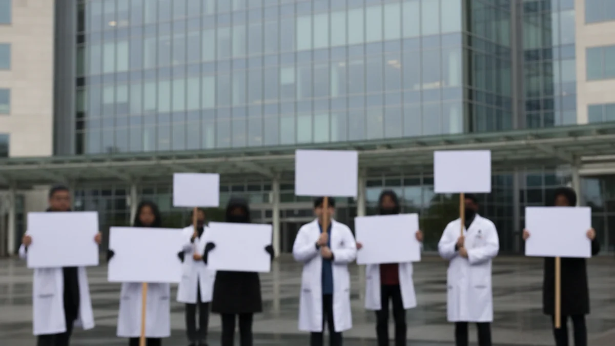 Imatge genèrica que mostra metges i personal sanitari manifestant-se a l'exterior d'un hospital.