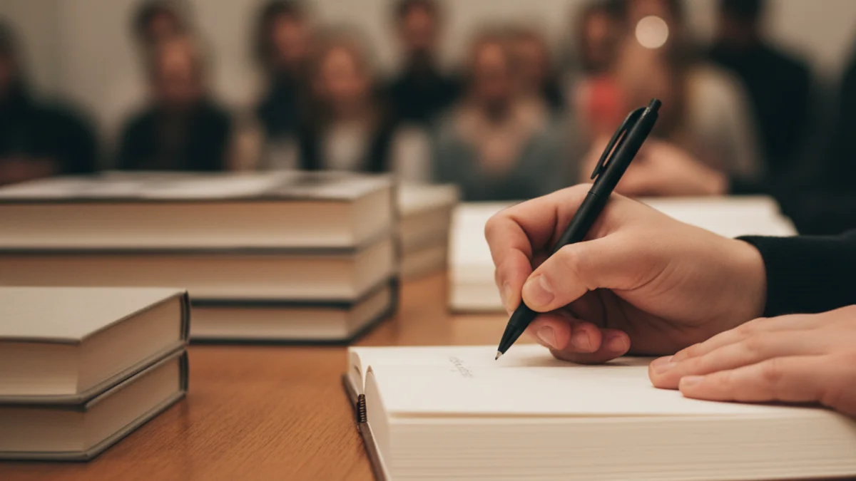 Imatge genèrica d'un escriptor signant llibres en una presentació literària.