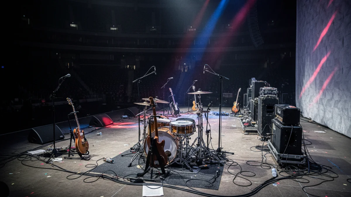 Un escenari buit després d'un concert, amb llums de colors i instruments musicals.